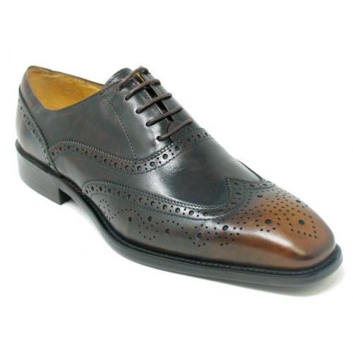 Carrucci Brown Genuine Calfskin Leather Patina Medallion Wingtip Oxford Shoes KS509-01.